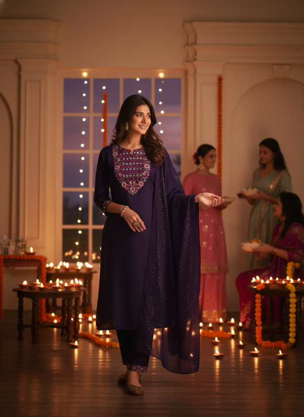 Samira Purple Multi-Color Floral & Jaali Embroidered Yoke Kurta Set with Sequin Work Dupatta in Chanderi Silk with Cotton Mul Lining