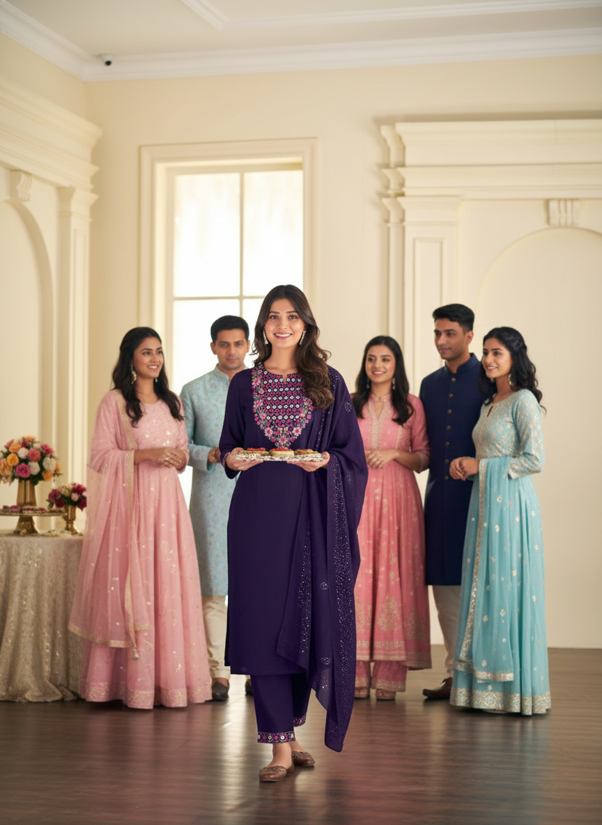 Samira Purple Multi-Color Floral & Jaali Embroidered Yoke Kurta Set with Sequin Work Dupatta in Chanderi Silk with Cotton Mul Lining