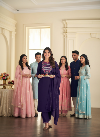 Samira Purple Multi-Color Floral & Jaali Embroidered Yoke Kurta Set with Sequin Work Dupatta in Chanderi Silk with Cotton Mul Lining