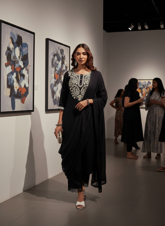 Samantha Black Pure Cotton Linen Kurta Set with Chikankari Floral Embroidered Neckline and Cotton Mul Lining