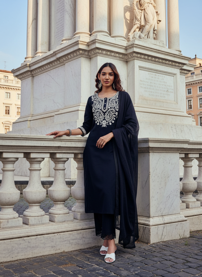 Samantha Black Pure Cotton Linen Kurta Set with Chikankari Floral Embroidered Neckline and Cotton Mul Lining