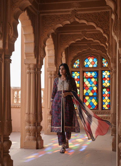 Sarita Red Ajrakh Print Hand Thread Embroidered Suit Set with Gota Patti Lace Detailing, Tassel Tie-Up & Dupatta in Chanderi Silk