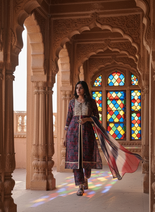 Sarita Red Ajrakh Print Hand Thread Embroidered Suit Set with Gota Patti Lace Detailing, Tassel Tie-Up & Dupatta in Chanderi Silk