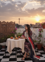 Sarita Red Ajrakh Print Hand Thread Embroidered Suit Set with Gota Patti Lace Detailing, Tassel Tie-Up & Dupatta in Chanderi Silk