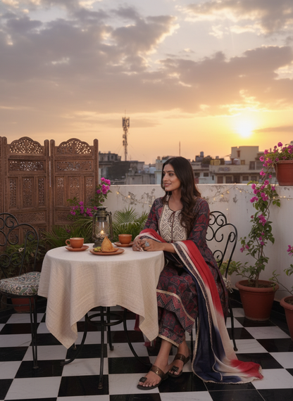 Sarita Red Ajrakh Print Hand Thread Embroidered Suit Set with Gota Patti Lace Detailing, Tassel Tie-Up & Dupatta in Chanderi Silk