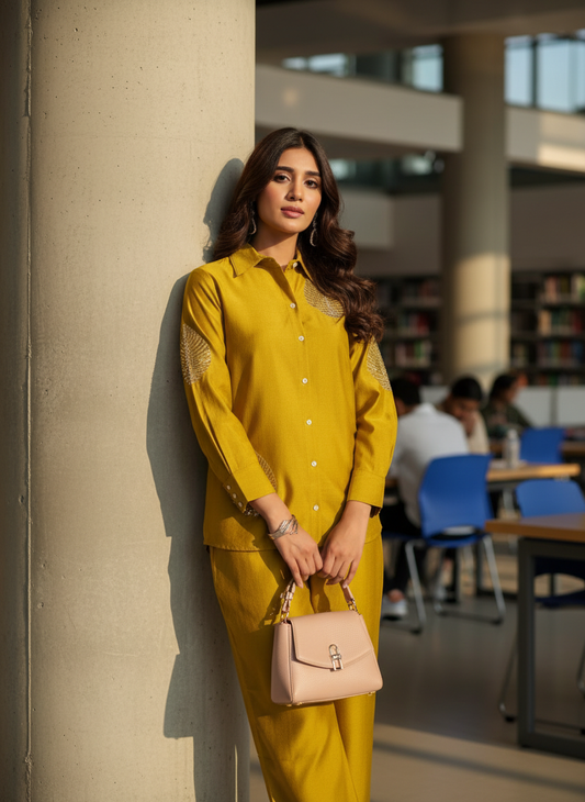 Saroj Mustard Viscose Jacquard Co-Ord Set with Hand Sequin Leaf Embellishment Work