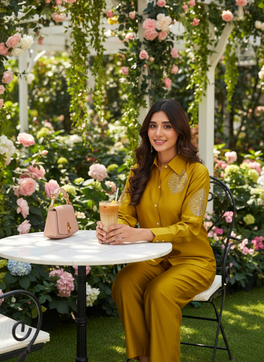 Saroj Mustard Viscose Jacquard Co-Ord Set with Hand Sequin Leaf Embellishment Work