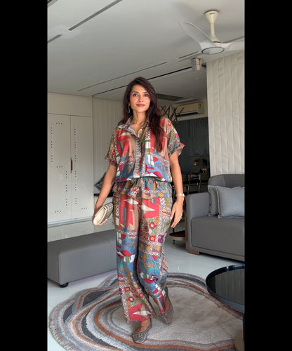 Kate Beige Modal Chanderi Patchwork Print Co-Ord Set with Sequin and Glass Bugle Bead Embellished Collar