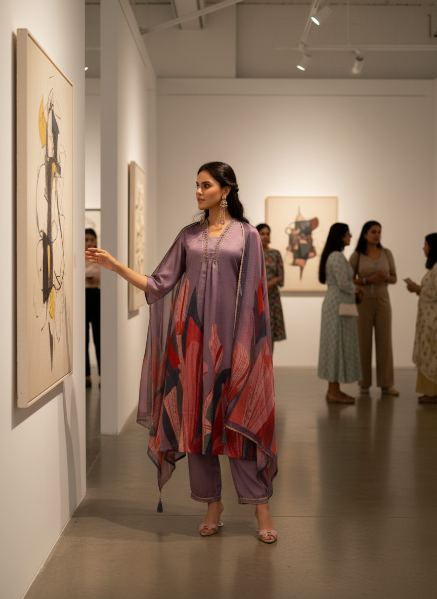 Shama Royal Purple Handcrafted Zardozi Zari Embroidered Satin Silk Kurta Set with Artistic Floral Printed Dupatta in Satin Silk with Cotton Mul Lining