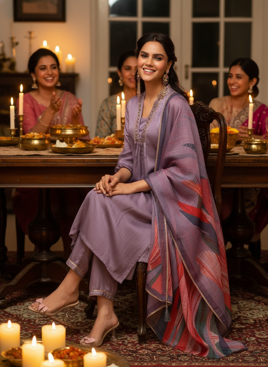 Shama Royal Purple Handcrafted Zardozi Zari Embroidered Satin Silk Kurta Set with Artistic Floral Printed Dupatta in Satin Silk with Cotton Mul Lining
