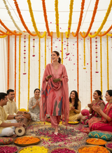 Shama Peach Handcrafted Zardozi Zari Embroidered Satin Silk Kurta Set with Artistic Floral Printed Dupatta in Satin Silk with Cotton Mul Lining