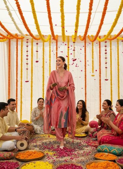 Shama Peach Handcrafted Zardozi Zari Embroidered Satin Silk Kurta Set with Artistic Floral Printed Dupatta in Satin Silk with Cotton Mul Lining