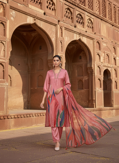 Shama Peach Handcrafted Zardozi Zari Embroidered Satin Silk Kurta Set with Artistic Floral Printed Dupatta in Satin Silk with Cotton Mul Lining