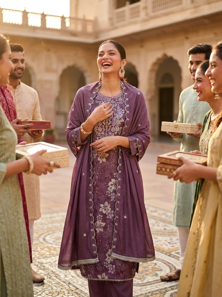 Shehnaaz Purple Embroiderd Kurta Set With Dupatta