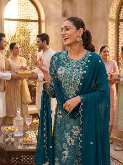 Shehnaaz Blue Floral Hand Embellished Suit Set with Beads, Glass Bugle, Pearl & Sequins Patti Work in Chanderi Silk with Pure Cotton Mul Lining