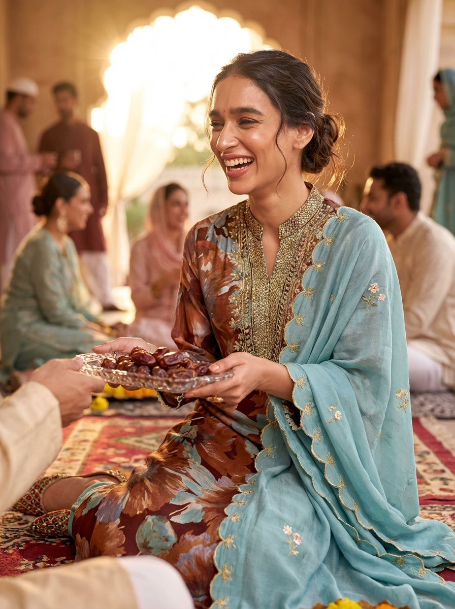 Shehnaaz Rust Hand Work Kurta Set With Dupatta