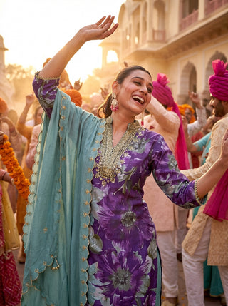 Shehnaaz Purple Hand Bead, Sequins & Zari Embellished Neckline Suit Set in Chanderi Silk with Pure Cotton Mul Lining