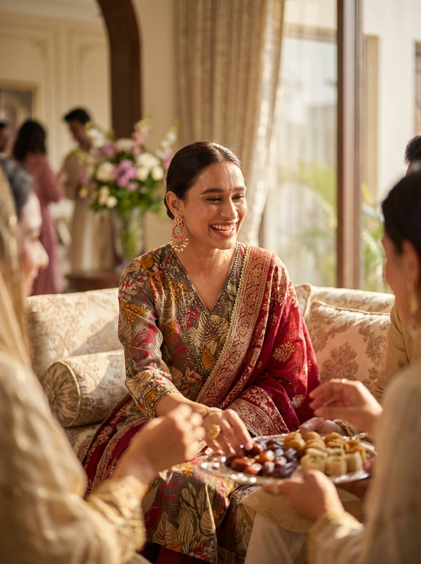 Shehnaaz Brown Floral Printed Hand Beaded and Sequins Embellished Suit Set with Zari Neck Detailing in Chanderi Silk with Pure Cotton Mul Lining