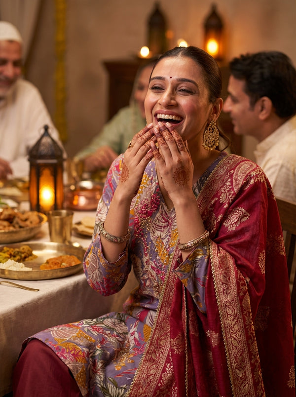 Shehnaaz Purple Floral Printed Hand Beaded and Sequins Embellished Suit Set with Zari Neck Detailing in Chanderi Silk with Pure Cotton Mul Lining