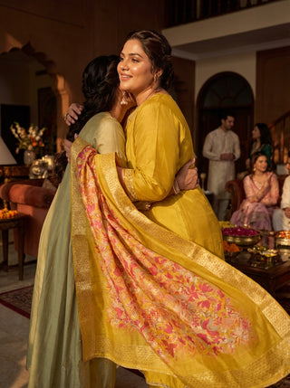 Shikha Mustard Sequin & Glass Bugle Embellished Neck Kurta Set with Lace Hem Dupatta in Pure Muslin with Cotton Mul Lining