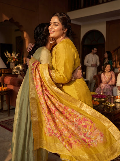 Shikha Mustard Sequin & Glass Bugle Embellished Neck Kurta Set with Lace Hem Dupatta in Pure Muslin with Cotton Mul Lining