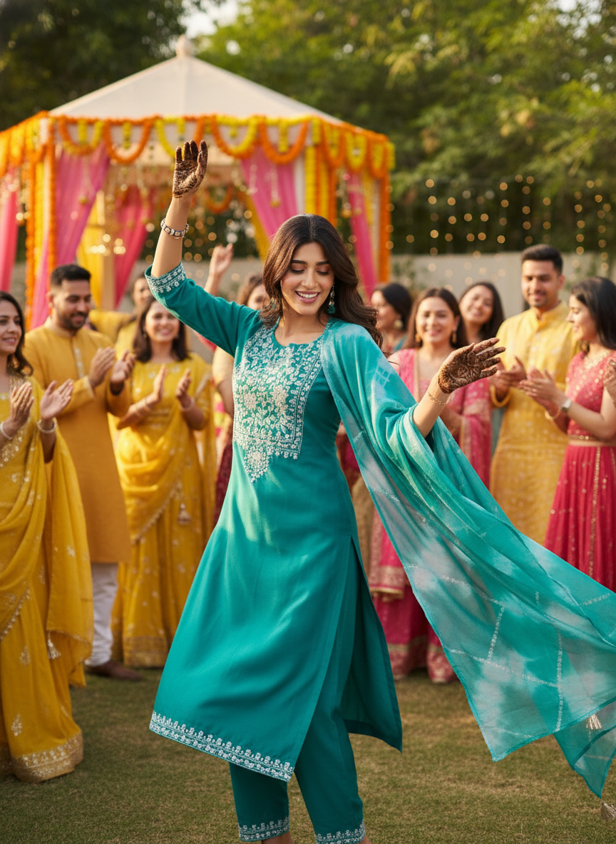 Shreya Rama Intricate Floral Thread & Mirror Work Yoke Kurta Set with Dupatta in Chanderi Silk with Cotton Mul Lining