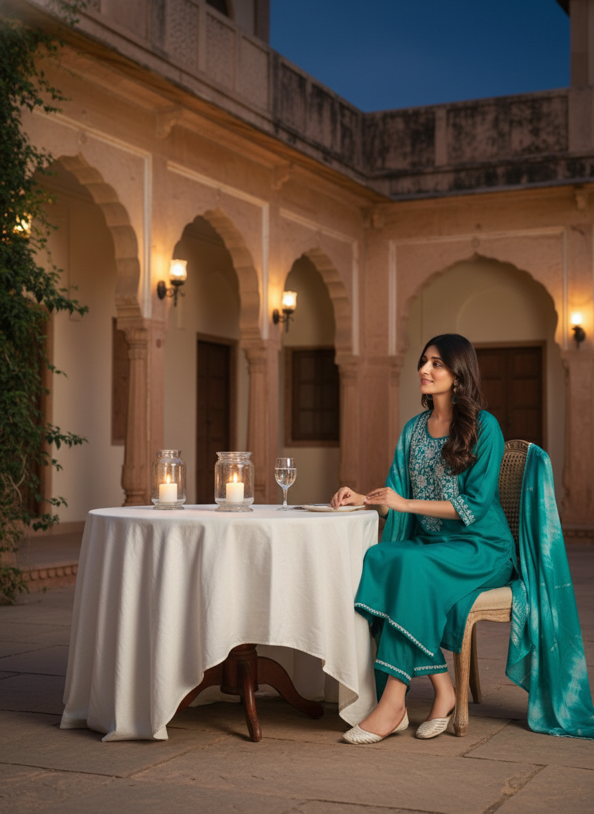 Shreya Rama Intricate Floral Thread & Mirror Work Yoke Kurta Set with Dupatta in Chanderi Silk with Cotton Mul Lining