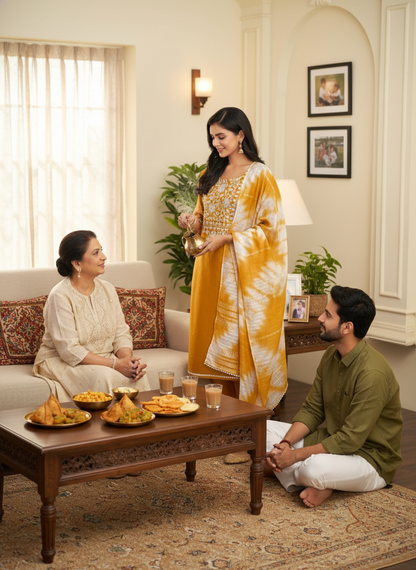 Shreya Mustard Intricate Floral Thread & Mirror Work Yoke Kurta Set with Dupatta in Chanderi Silk with Cotton Mul Lining