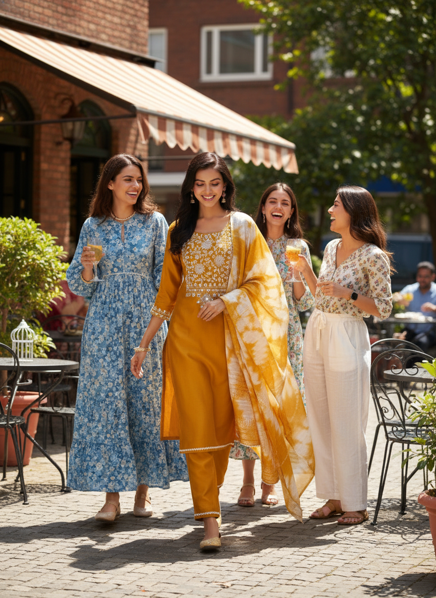 Shreya Mustard Intricate Floral Thread & Mirror Work Yoke Kurta Set with Dupatta in Chanderi Silk with Cotton Mul Lining