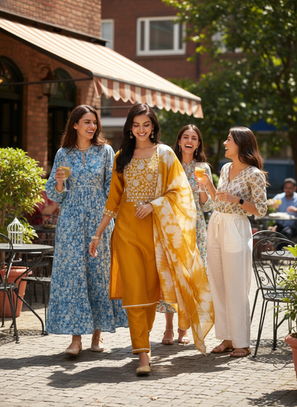 Shreya Mustard Intricate Floral Thread & Mirror Work Yoke Kurta Set with Dupatta in Chanderi Silk with Cotton Mul Lining