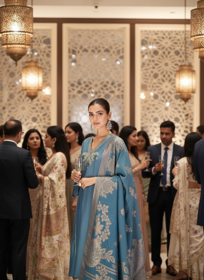 Shruti Ice Blue Hand-Embroidered Zari & Mirror Work Yoke Kurta Set with Jacquard Dupatta in Chanderi Silk with Soft Cotton Mul Lining