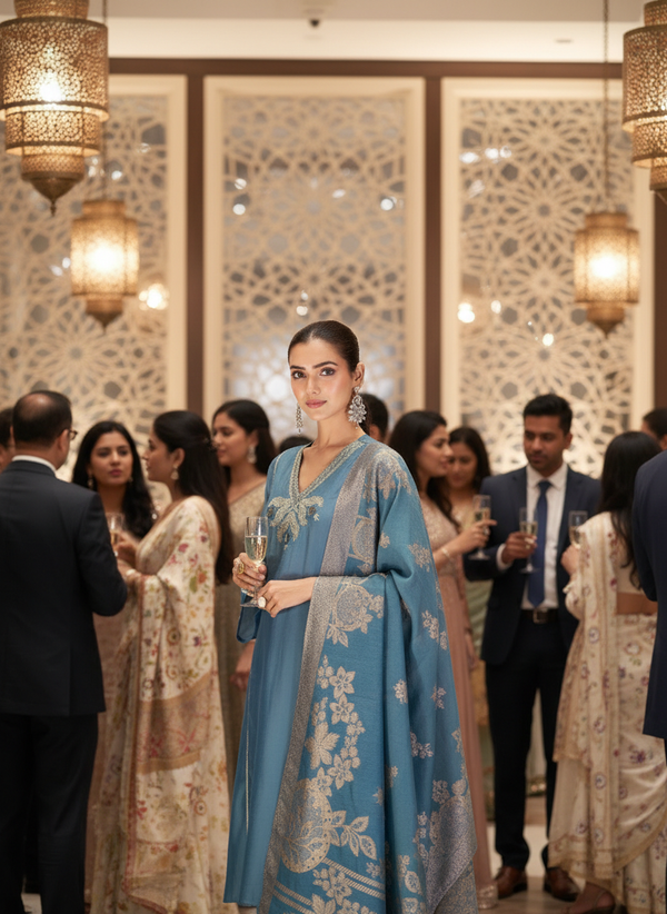 Shruti Ice Blue Hand-Embroidered Zari & Mirror Work Yoke Kurta Set with Jacquard Dupatta in Chanderi Silk with Soft Cotton Mul Lining