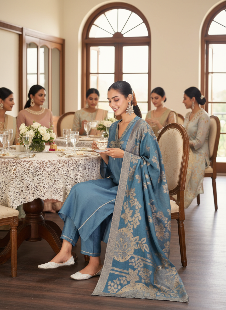 Shruti Ice Blue Hand-Embroidered Zari & Mirror Work Yoke Kurta Set with Jacquard Dupatta in Chanderi Silk with Soft Cotton Mul Lining