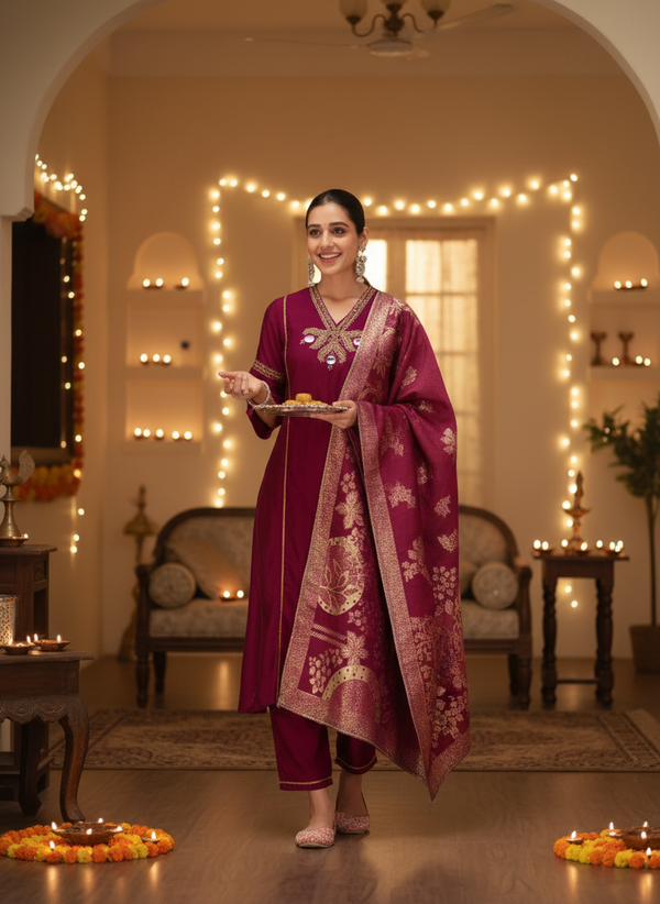 Shruti Wine Hand-Embroidered Zari & Mirror Work Yoke Kurta Set with Jacquard Dupatta in Chanderi Silk with Soft Cotton Mul Lining
