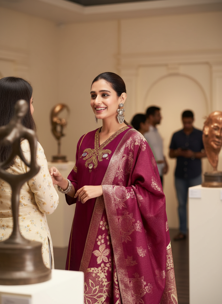 Shruti Wine Hand-Embroidered Zari & Mirror Work Yoke Kurta Set with Jacquard Dupatta in Chanderi Silk with Soft Cotton Mul Lining