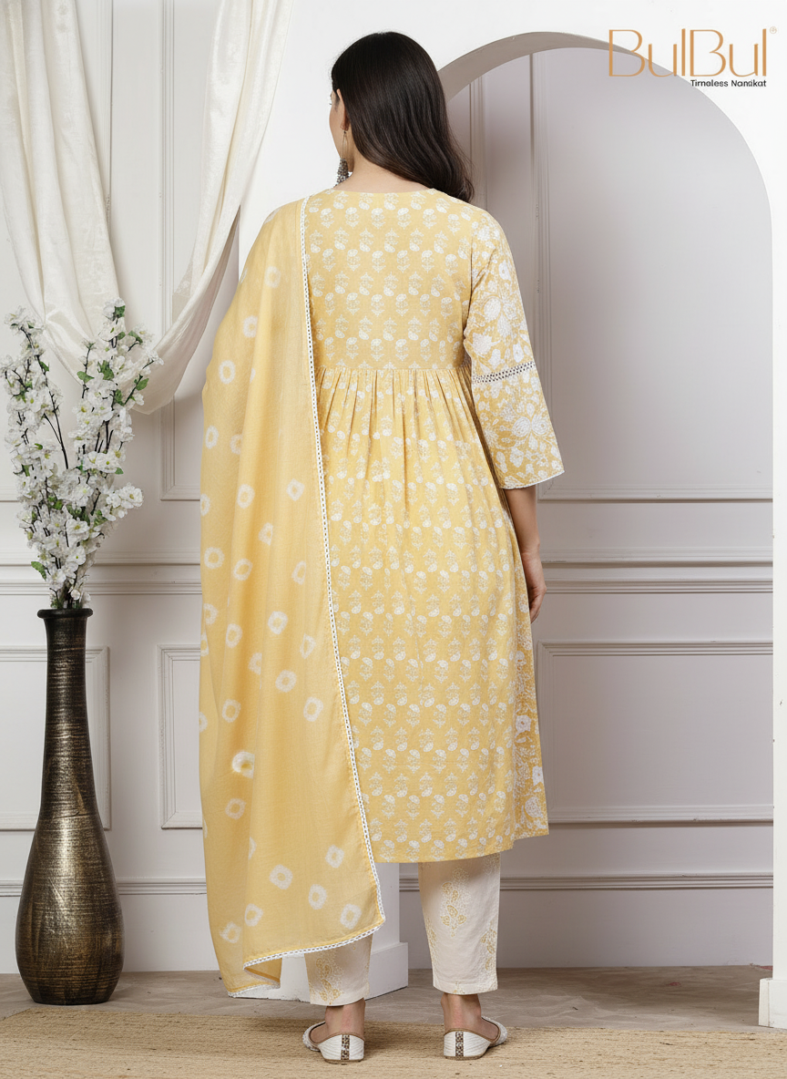 Sia Off White Floral Printed Pure Cotton Kurta Set with Pintuck Detailing and Thread Embroidery with Dupatta