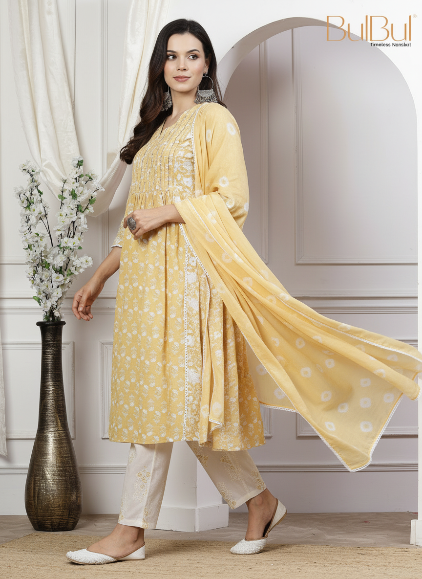 Sia Off White Floral Printed Pure Cotton Kurta Set with Pintuck Detailing and Thread Embroidery with Dupatta