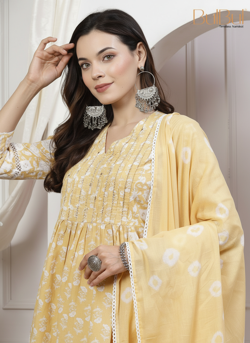 Sia Off White Floral Printed Pure Cotton Kurta Set with Pintuck Detailing and Thread Embroidery with Dupatta