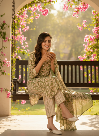Pure Cotton Green Printed Kurta Set with Floral Sequin Highlights & Dupatta