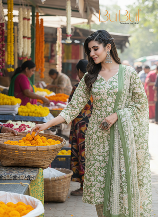 Pure Cotton Green Printed Kurta Set with Floral Sequin Highlights & Dupatta