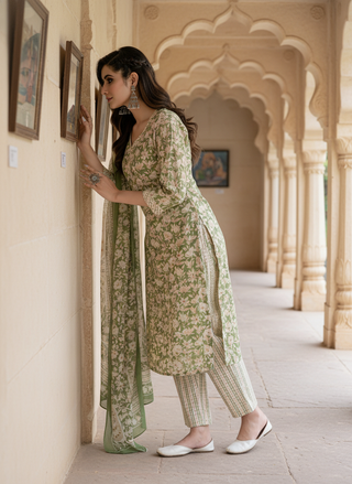Pure Cotton Green Printed Kurta Set with Floral Sequin Highlights & Dupatta