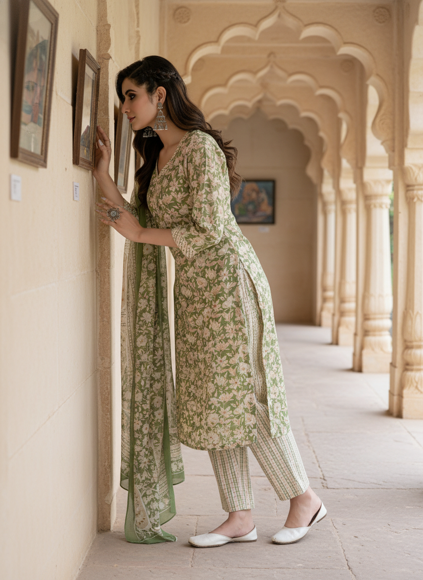 Pure Cotton Green Printed Kurta Set with Floral Sequin Highlights & Dupatta