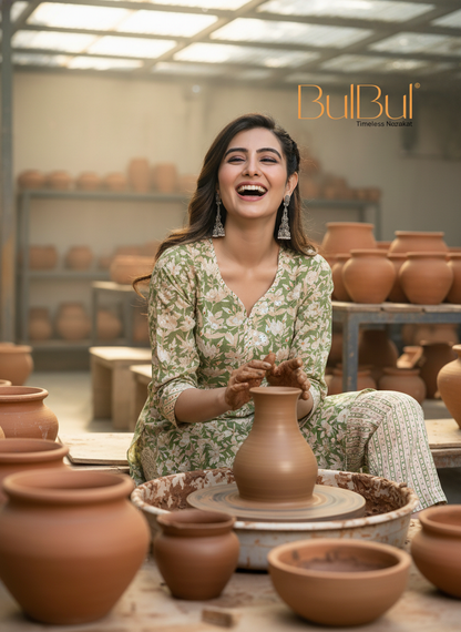 Pure Cotton Green Printed Kurta Set with Floral Sequin Highlights & Dupatta