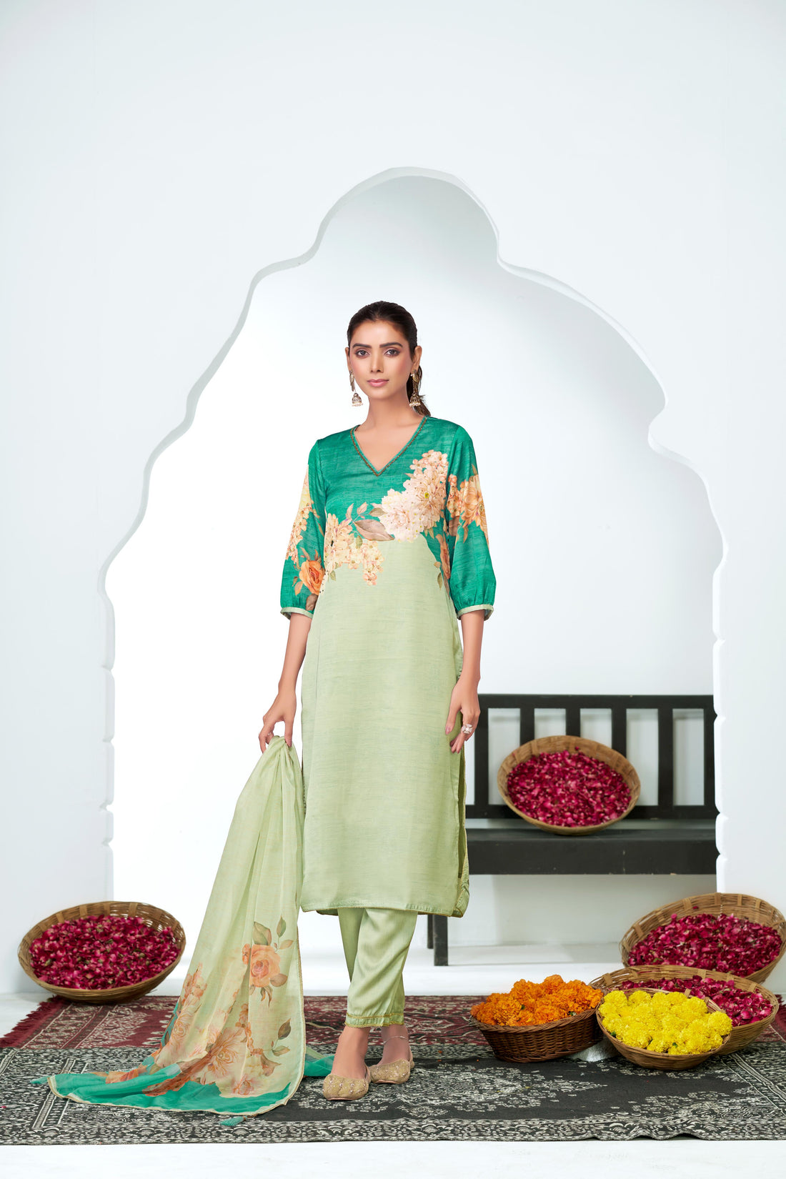 Tasneem Teal Floral Hand-Embellished Kurta Set with Sequin Work & Lace Detailing in Satin Silk with Cotton Mul Lining, Paired with Dupatta