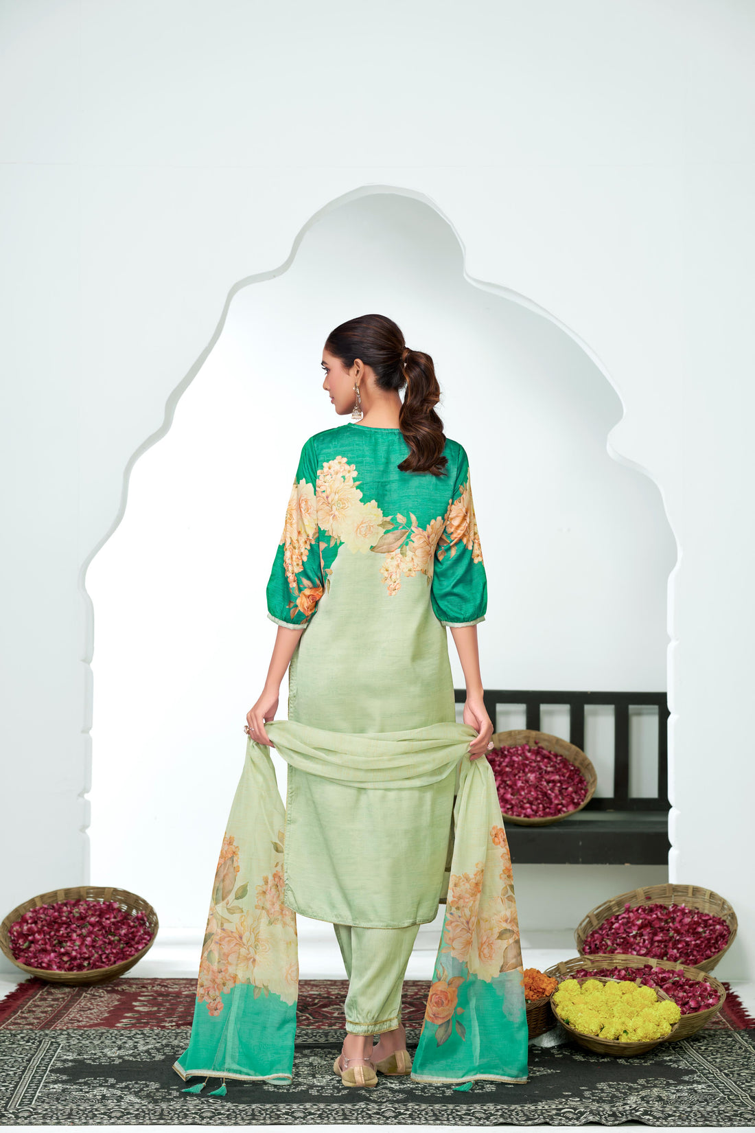 Tasneem Teal Floral Hand-Embellished Kurta Set with Sequin Work & Lace Detailing in Satin Silk with Cotton Mul Lining, Paired with Dupatta
