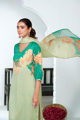 Tasneem Teal Floral Hand-Embellished Kurta Set with Sequin Work & Lace Detailing in Satin Silk with Cotton Mul Lining, Paired with Dupatta