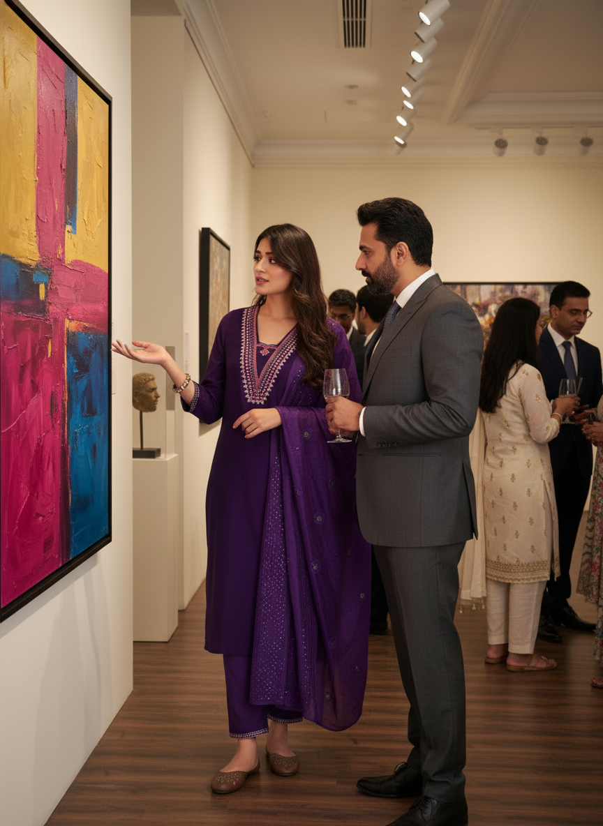 Tapasya Royal Purple Resham Embroidered Kurta Set with Sequins Highlighted Sleeves in Chanderi Silk with Cotton Mul Lining and Hand-Embellished Thread & Sequin Dupatta