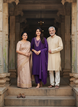 Tapasya Royal Purple Resham Embroidered Kurta Set with Sequins Highlighted Sleeves in Chanderi Silk with Cotton Mul Lining and Hand-Embellished Thread & Sequin Dupatta