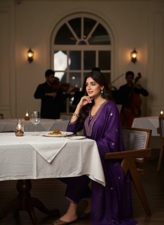 Tapasya Royal Purple Resham Embroidered Kurta Set with Sequins Highlighted Sleeves in Chanderi Silk with Cotton Mul Lining and Hand-Embellished Thread & Sequin Dupatta