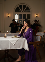 Tapasya Royal Purple Resham Embroidered Kurta Set with Sequins Highlighted Sleeves in Chanderi Silk with Cotton Mul Lining and Hand-Embellished Thread & Sequin Dupatta